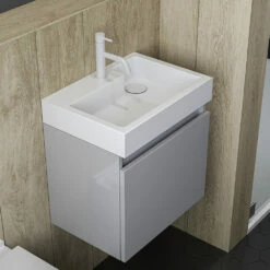 Minnie Wall Hung 500mm Cabinet & Polymarble Basin - Gloss Grey Mist -TAP WAREHOUSE Shop drench minnie gloss grey mist standard cloakroom wallhung vanity unit lifestyle3