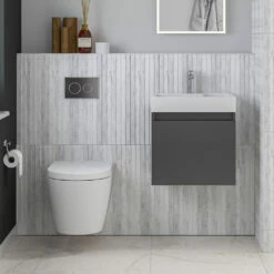 Minnie Wall Hung 500mm Cabinet & Polymarble Basin - Gloss Grey -TAP WAREHOUSE Shop drench minnie gloss grey standard cloakroom wallhung vanity unit lifestyle