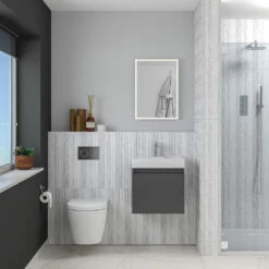 Minnie Wall Hung 500mm Cabinet & Polymarble Basin - Gloss Grey -TAP WAREHOUSE Shop drench minnie gloss grey standard cloakroom wallhung vanity unit lifestyle1