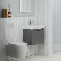 Minnie Wall Hung 500mm Cabinet & Polymarble Basin - Gloss Grey -TAP WAREHOUSE Shop drench minnie gloss grey standard cloakroom wallhung vanity unit lifestyle2