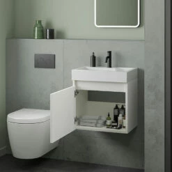 Minnie 500mm Wall Mounted 1 Door Vanity Unit & Polymarble Basin - Gloss White -TAP WAREHOUSE Shop drench minnie gloss white 500mm wall hung unit internal lifestyle