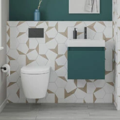 Minnie 500mm Wall Mounted 1 Door Vanity Unit & Polymarble Basin - Aurora Teal -TAP WAREHOUSE Shop drench minnie teal mist standard cloakroom wallhung vanity unit lifestyle