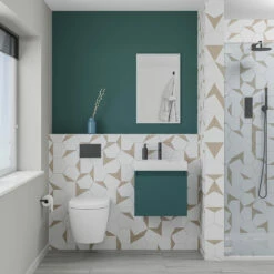 Minnie 500mm Wall Mounted 1 Door Vanity Unit & Polymarble Basin - Aurora Teal -TAP WAREHOUSE Shop drench minnie teal mist standard cloakroom wallhung vanity unit lifestyle1
