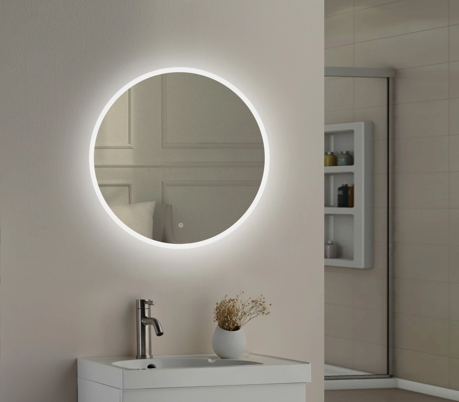 Nicole LED Illuminated Round Slimline Bathroom Mirror With Demister Pad & Colour Change LEDs - 800mm 3 Nicole LED Illuminated Round Slimline Bathroom Mirror With Demister Pad & Colour Change LEDs - 800mm