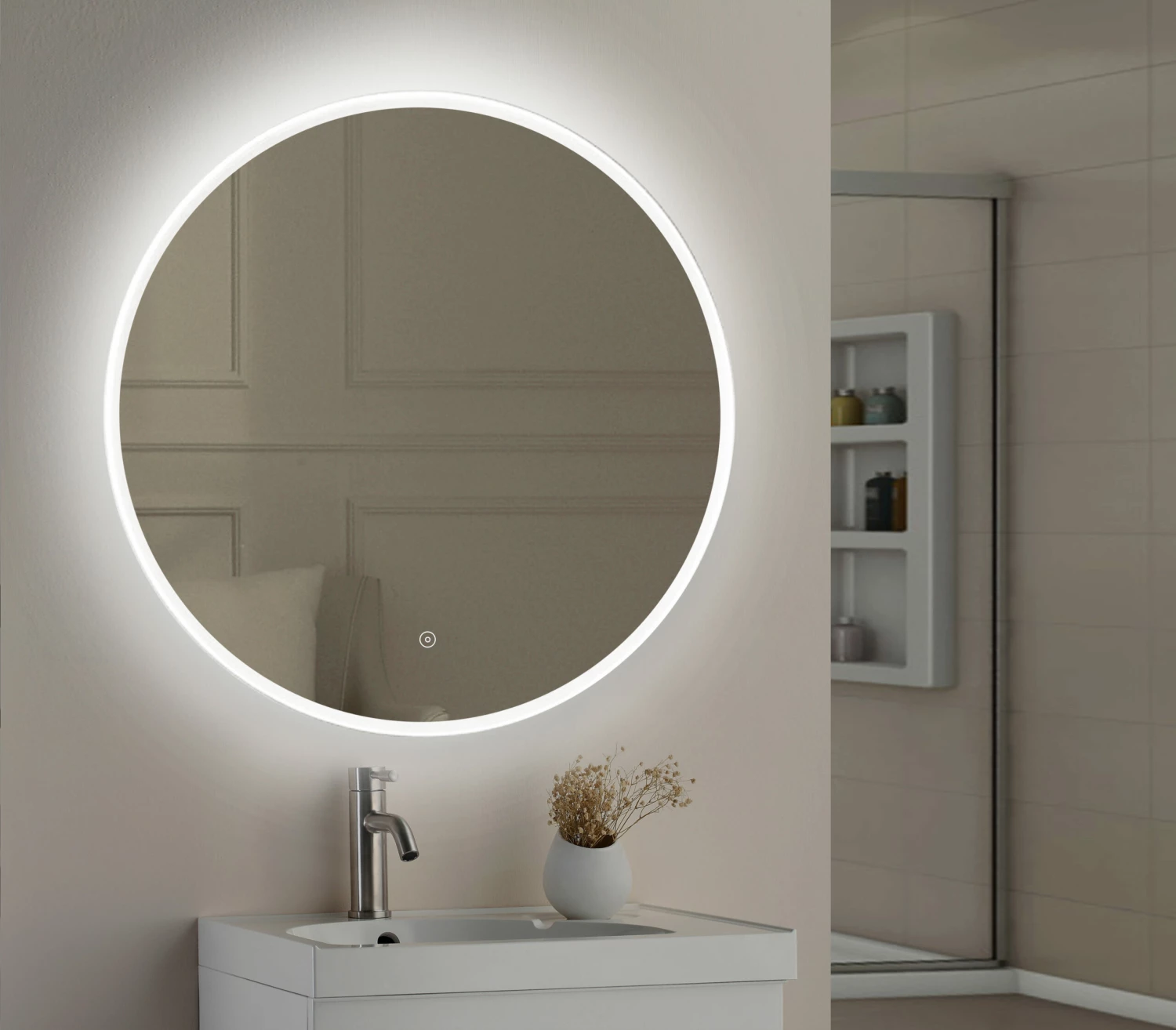 Nicole LED Illuminated Round Slimline Bathroom Mirror With Demister Pad & Colour Change LEDs - 800mm 4 Nicole LED Illuminated Round Slimline Bathroom Mirror With Demister Pad & Colour Change LEDs - 800mm - Image 2