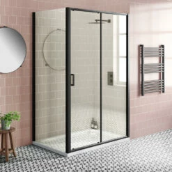 Harbour Primrose 6mm Single Matt Black Sliding Shower Door 1200mm & 800mm Side Panel 18 Harbour Primrose 6mm Single Matt Black Sliding Shower Door 1200mm & 800mm Side Panel -TAP WAREHOUSE Shop drench noir black slidingdoor enclosure sidepanel lifestyle2