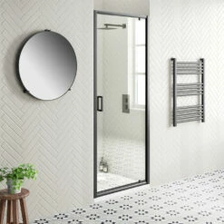 Harbour Primrose 6mm Matt Black Pivot Shower Door - 760mm 15 Harbour Primrose 6mm Matt Black Pivot Shower Door - 760mm -TAP WAREHOUSE Shop drench noir hinged door black square tray lifestyle1