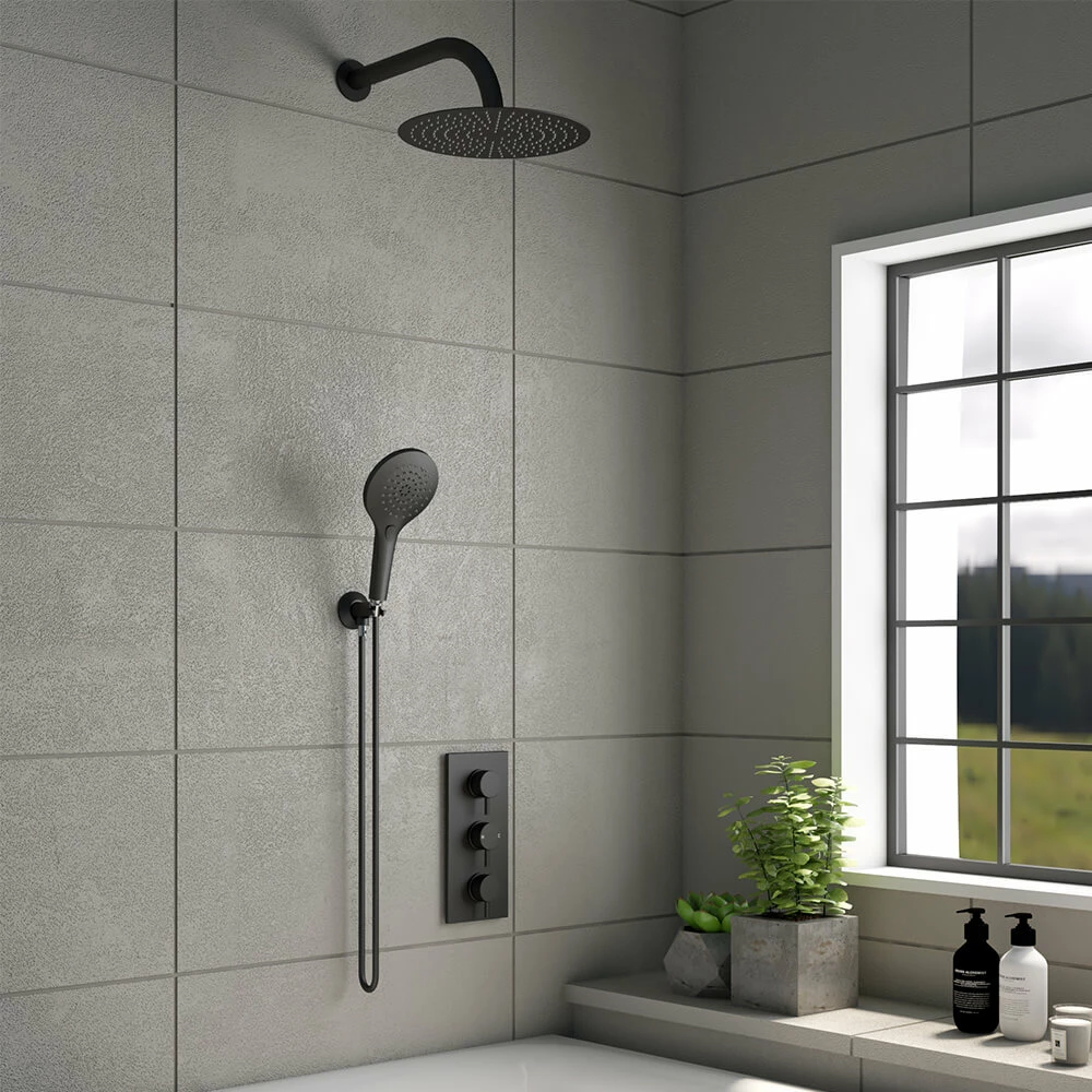 Noir Matt Black Round Concealed Shower System With Fixed Head & Wall Mounted Shower Handset 3 Noir Matt Black Round Concealed Shower System With Fixed Head & Wall Mounted Shower Handset