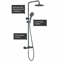 Noir Matt Black Round Exposed Height-Adjustable Rigid Riser Rail Shower System -TAP WAREHOUSE Shop drench noir shower matt black exposed set round callouts