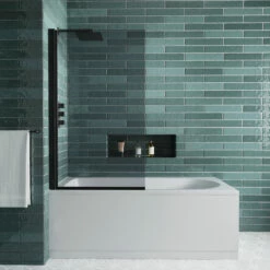 Vellamo Matt Black 6mm Smoked Black Hinged Bath Screen - 1400 X 800mm 10 Vellamo Matt Black 6mm Smoked Black Hinged Bath Screen - 1400 X 800mm -TAP WAREHOUSE Shop drench straight se curved bath 1700x700 smoked glass screen lifestyle