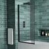 Vellamo Matt Black 6mm Smoked Black Hinged Bath Screen - 1400 X 800mm -TAP WAREHOUSE Shop drench straight se curved bath 1700x700 smoked glass screen lifestyle 2new