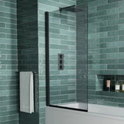 Vellamo Matt Black 6mm Smoked Black Hinged Bath Screen - 1400 X 800mm