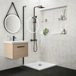 Drench Naturals White Thin Slate-Effect Square Shower Tray - 900 X 900mm 15 Drench Naturals White Thin Slate-Effect Square Shower Tray - 900 X 900mm -TAP WAREHOUSE Shop drench white ultra thin square shower tray lifestyle 2