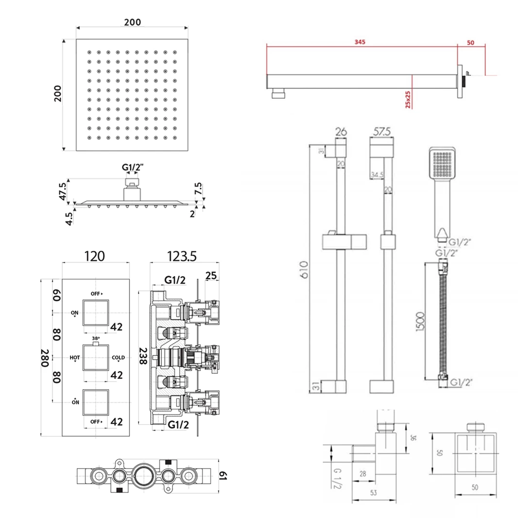 Drew Square Concealed Shower Valve With Fixed Head & Slide Rail Kit - 180mm Square Fixed Ceiling Arm - 400mm Head 8 Drew Square Concealed Shower Valve With Fixed Head & Slide Rail Kit - 180mm Square Fixed Ceiling Arm - 400mm Head - Image 6