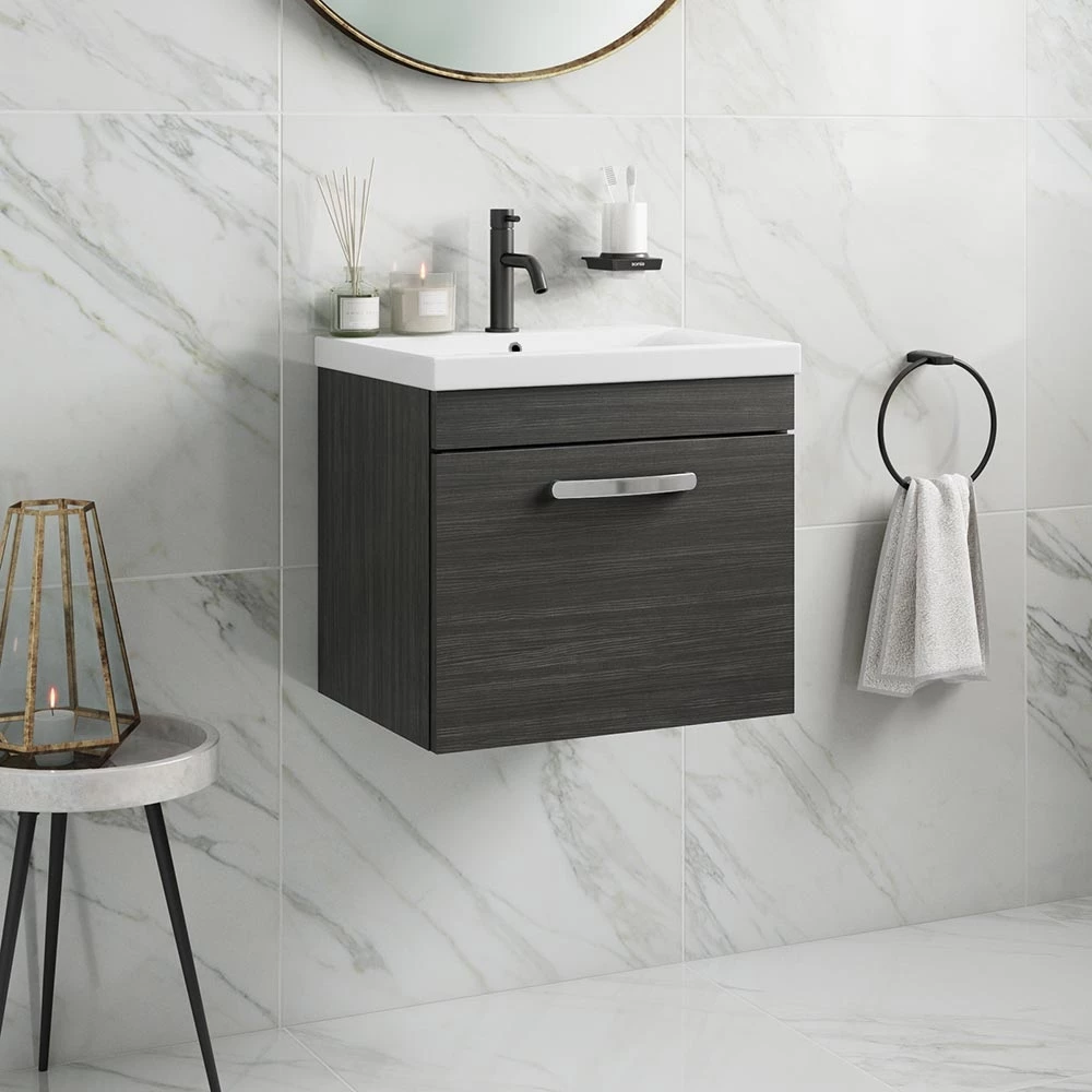 Emily 500mm Wall Mounted 1 Drawer Vanity Unit & Mid-Edged Basin - Hacienda Black 5 Emily 500mm Wall Mounted 1 Drawer Vanity Unit & Mid-Edged Basin - Hacienda Black - Image 3