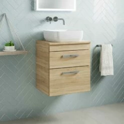 Emily 500mm Wall Mounted Natural Oak 2 Drawer Unit And Hudson Reed Round Countertop Basin -TAP WAREHOUSE Shop emily 500 wall 2drawer unit countertop natural oak