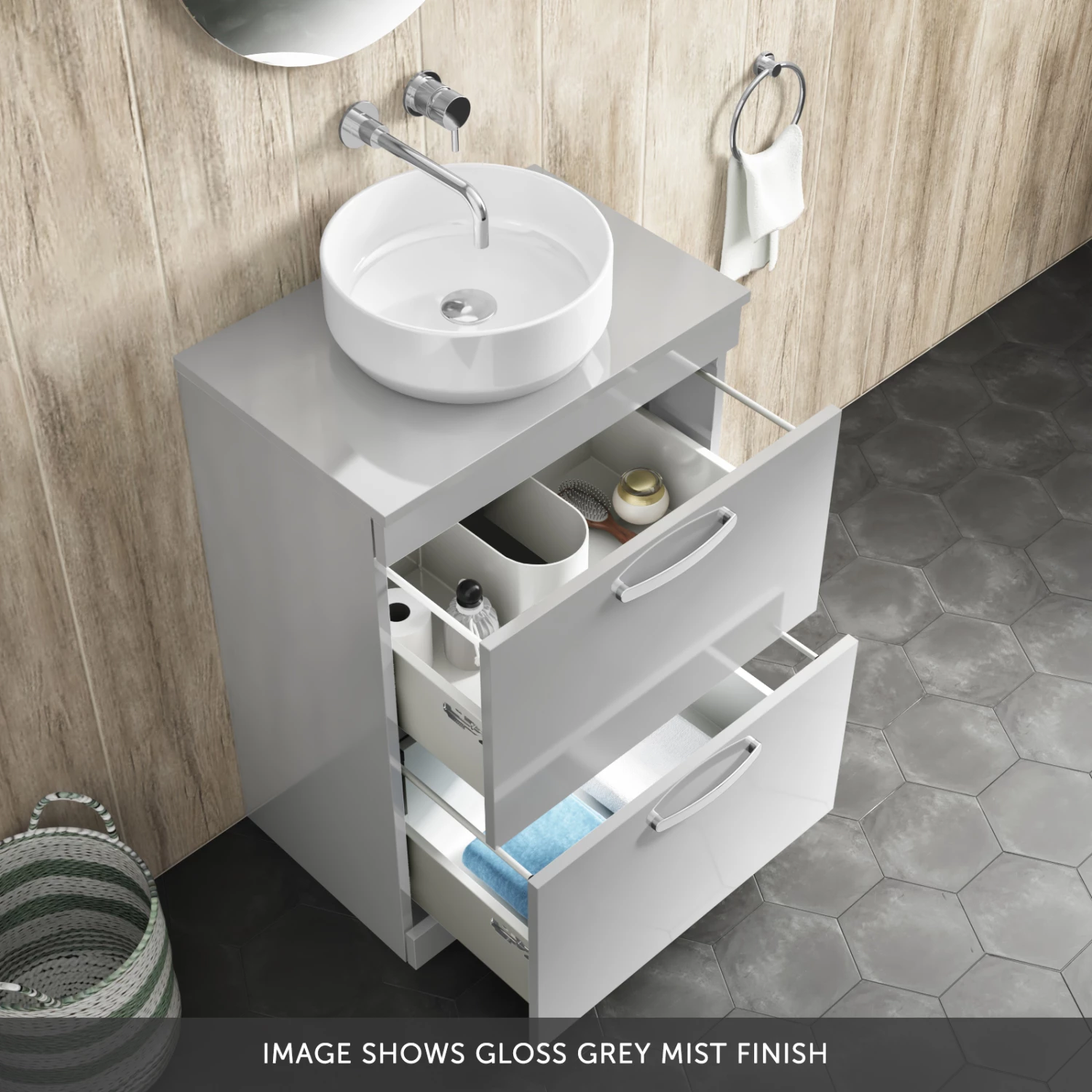 Emily 600mm Floorstanding 2 Drawer Unit In Natural Oak And Alana 460mm Countertop Basin 7 Emily 600mm Floorstanding 2 Drawer Unit In Natural Oak And Alana 460mm Countertop Basin - Image 5