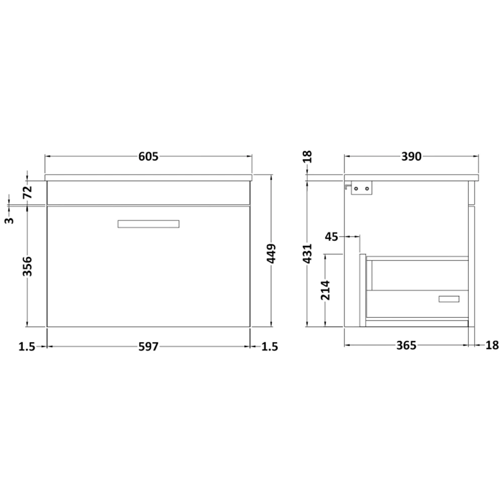 Emily 600mm Wall Mounted 1 Drawer Unit And Countertop - Gloss White - Hudson Reed Rectangular Countertop Basin 14 Emily 600mm Wall Mounted 1 Drawer Unit And Countertop - Gloss White - Hudson Reed Rectangular Countertop Basin - Image 12