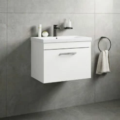 Emily 600mm Wall Mounted 1 Drawer Vanity Unit & Mid-Edged Basin - Natural Oak