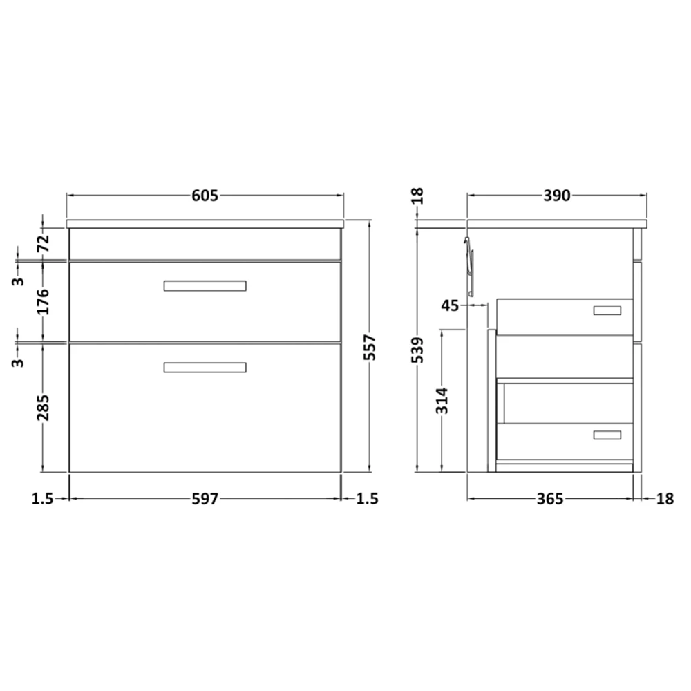 Emily 600mm Wall Mounted 2 Drawer Unit And Countertop - Natural Oak - Hudson Reed Rectangular Countertop Basin 15 Emily 600mm Wall Mounted 2 Drawer Unit And Countertop - Natural Oak - Hudson Reed Rectangular Countertop Basin - Image 13