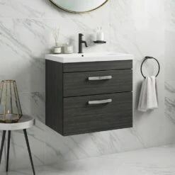 Emily 600mm Wall Mounted 2 Drawer Vanity Unit & Mid-Edged Basin - Hacienda Black -TAP WAREHOUSE Shop emily 600 wall 2drawer vanity unit basin black