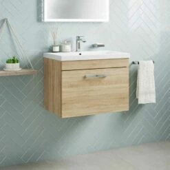 Emily 600mm Wall Mounted 1 Drawer Vanity Unit & Mid-Edged Basin - Natural Oak -TAP WAREHOUSE Shop emily 600mm wall 1 drawer vanity unit natural oak
