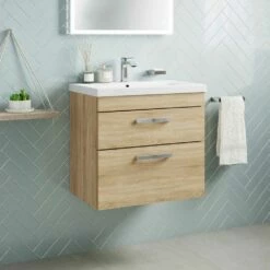 Emily 600mm Wall Mounted 2 Drawer Vanity Unit & Mid-Edged Basin - Hacienda Black -TAP WAREHOUSE Shop emily 600mm wall 2 drawers vanity unit natural oak
