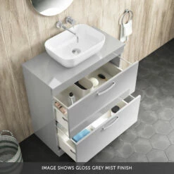 Emily 800mm Floorstanding 2 Drawer Unit And Countertop - Gloss White - No Basin -TAP WAREHOUSE Shop emily 800 floorstanding countertop unit gloss grey mist drawers banner