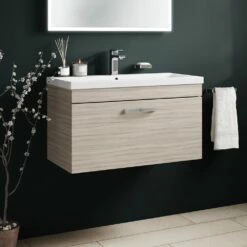 Emily 800mm Wall Mounted 1 Drawer Vanity Unit & Mid-Edged Basin - Gloss White -TAP WAREHOUSE Shop emily 800 wall 1drawer vanity unit basin driftwood