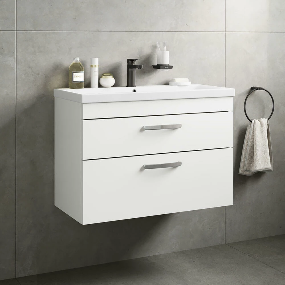 Emily 800mm Wall Mounted 2 Drawer Vanity Unit & Minimalist Basin - Gloss White 3 Emily 800mm Wall Mounted 2 Drawer Vanity Unit & Minimalist Basin - Gloss White