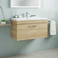 Emily 800mm Wall Mounted 1 Drawer Vanity Unit & Mid-Edged Basin - Gloss White -TAP WAREHOUSE Shop emily 800mm wall 1 drawer vanity unit natural oak