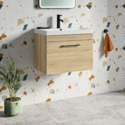 Emily 500mm Natural Oak Wall Mounted 1 Drawer Vanity Unit, Thin-Edged Basin, Matt Black Handle & Overflow