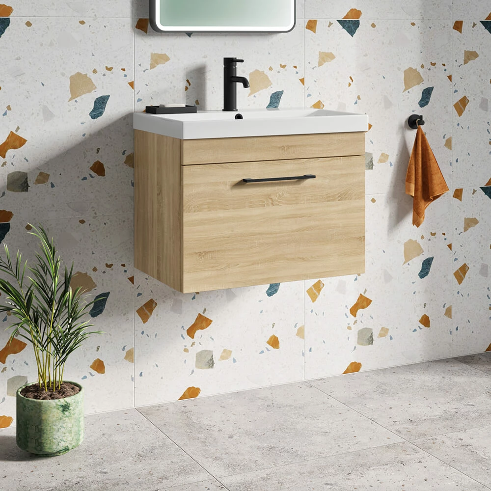 Emily 500mm Natural Oak Wall Mounted 1 Drawer Vanity Unit, Thin-Edged Basin, Matt Black Handle & Overflow 3 Emily 500mm Natural Oak Wall Mounted 1 Drawer Vanity Unit, Thin-Edged Basin, Matt Black Handle & Overflow