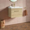 Emily 600mm Natural Oak Wall Mounted 1 Drawer Vanity Unit, Thin-Edged Basin, Brushed Brass Handle & Overflow -TAP WAREHOUSE Shop emily oak 1draw 600 wall brass handles lifestyle