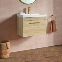 Emily 600mm Natural Oak Wall Mounted 1 Drawer Vanity Unit, Thin-Edged Basin, Brushed Brass Handle & Overflow