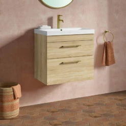 Emily 600mm Natural Oak Wall Mounted 2 Drawer Vanity Unit, Thin-Edged Basin, Brushed Brass Handles & Overflow