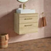 Emily 600mm Natural Oak Wall Mounted 2 Drawer Vanity Unit With Brushed Brass Handles And Hudson Reed Rectangular Countertop Basin -TAP WAREHOUSE Shop emily oak 2draw counter 600 wall brass lifestyle