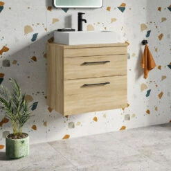 Emily 600mm Natural Oak Wall Mounted 2 Drawer Vanity Unit With Matt Black Handles And Hudson Reed Rectangular Countertop Basin