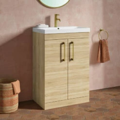 Emily 600mm Natural Oak Floorstanding 2 Door Vanity Unit, Thin-Edged Basin, Brushed Brass Handles & Overflow