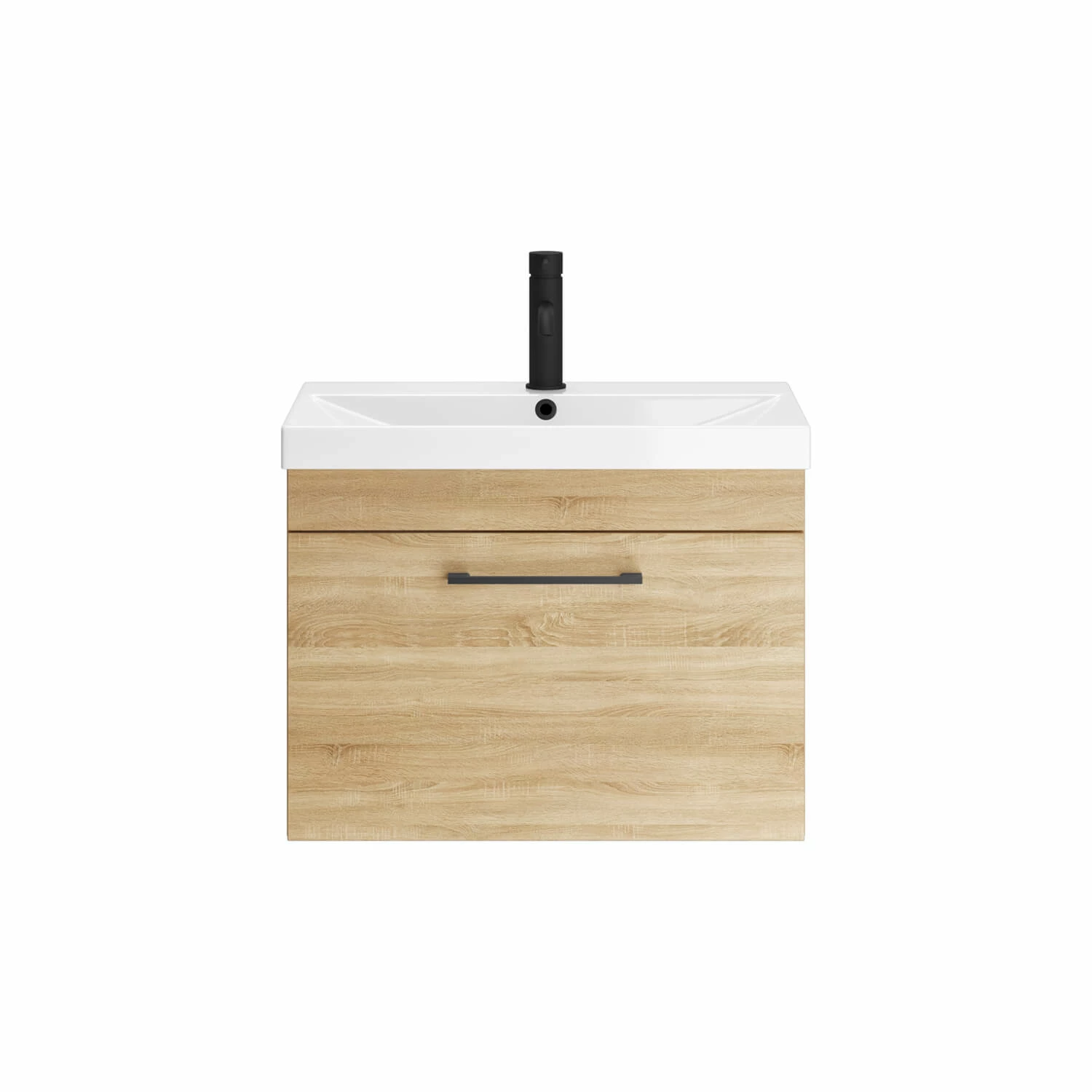 Emily 500mm Natural Oak Wall Mounted 1 Drawer Vanity Unit, Thin-Edged Basin, Matt Black Handle & Overflow 4 Emily 500mm Natural Oak Wall Mounted 1 Drawer Vanity Unit, Thin-Edged Basin, Matt Black Handle & Overflow - Image 2