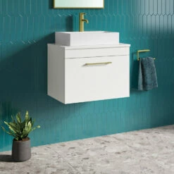 Emily 600mm Gloss White Wall Mounted 1 Drawer Vanity Unit With Brushed Brass Handle And Alana 460mm Countertop Basin