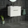 Emily 800mm Gloss White Wall Mounted 1 Drawer Vanity Unit, Thin-Edged Basin, Matt Black Handle & Overflow 1 Emily 800mm Gloss White Wall Mounted 1 Drawer Vanity Unit, Thin-Edged Basin, Matt Black Handle & Overflow -TAP WAREHOUSE Shop emily white 1draw 600 wall black handle lifestyle
