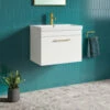 Emily 500mm Gloss White Wall Mounted 1 Drawer Vanity Unit, Thin-Edged Basin, Brushed Brass Handle & Overflow 1 Emily 500mm Gloss White Wall Mounted 1 Drawer Vanity Unit, Thin-Edged Basin, Brushed Brass Handle & Overflow -TAP WAREHOUSE Shop emily white 1draw 600 wall brass handles lifestyle