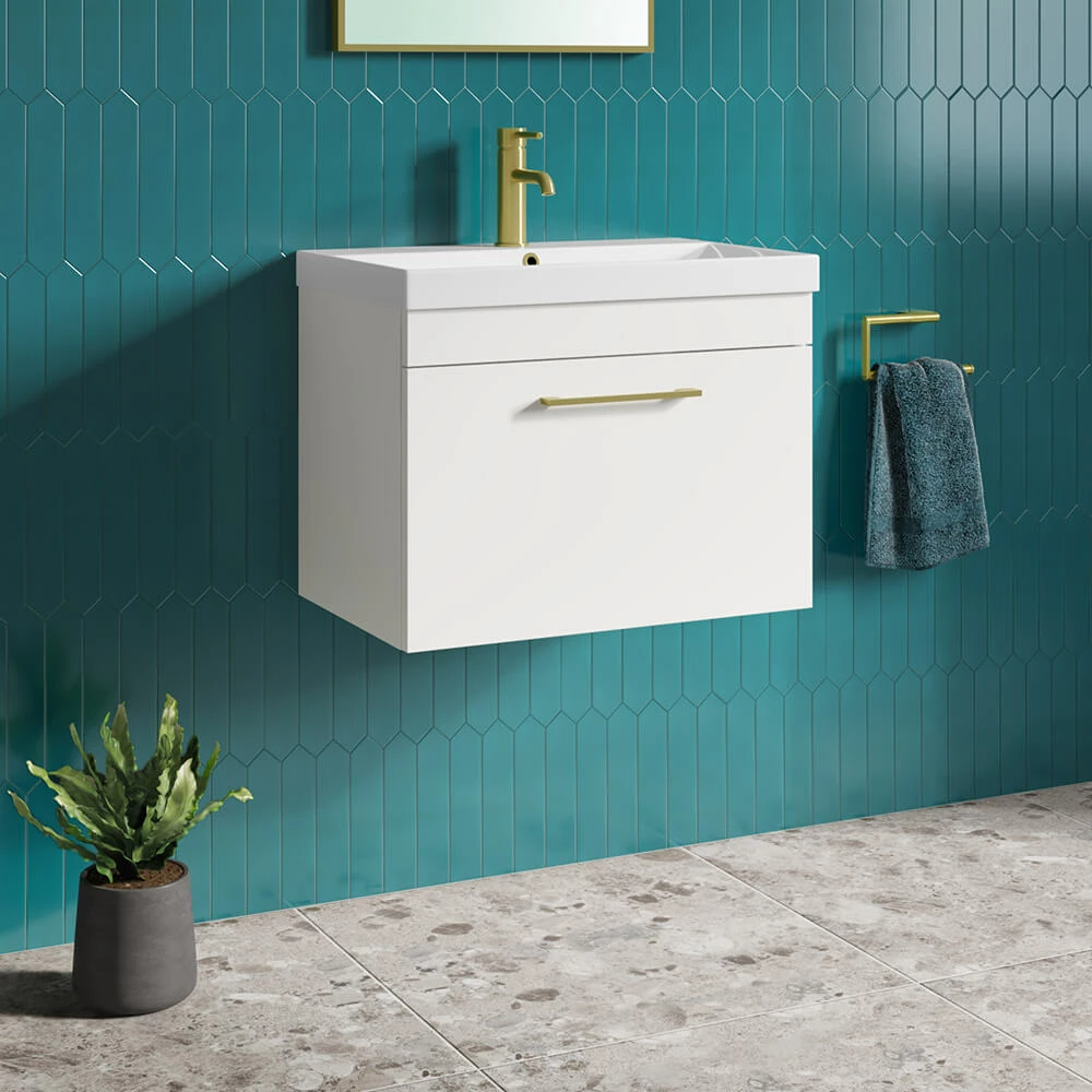 Emily 500mm Gloss White Wall Mounted 1 Drawer Vanity Unit, Thin-Edged Basin, Brushed Brass Handle & Overflow 3 Emily 500mm Gloss White Wall Mounted 1 Drawer Vanity Unit, Thin-Edged Basin, Brushed Brass Handle & Overflow