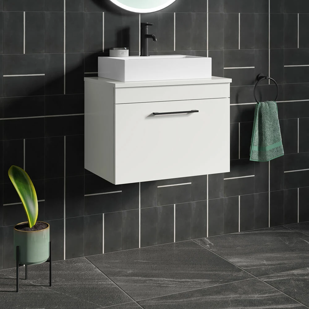 Emily 600mm Gloss White Wall Mounted 1 Drawer Vanity Unit With Matt Black Handle And Alana 460mm Countertop Basin 3 Emily 600mm Gloss White Wall Mounted 1 Drawer Vanity Unit With Matt Black Handle And Alana 460mm Countertop Basin