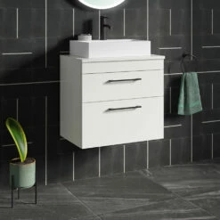 Emily 500mm Gloss White Wall Mounted 2 Drawer Vanity Unit And Countertop With Matt Black Handles