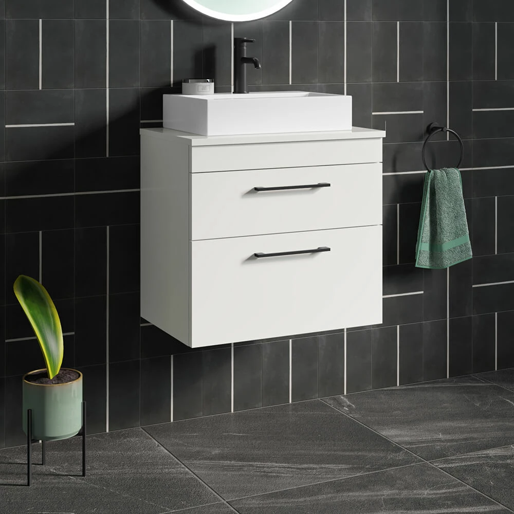 Emily 500mm Gloss White Wall Mounted 2 Drawer Vanity Unit And Countertop With Matt Black Handles 3 Emily 500mm Gloss White Wall Mounted 2 Drawer Vanity Unit And Countertop With Matt Black Handles