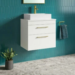 Emily 600mm Gloss White Wall Mounted 2 Drawer Vanity Unit And Countertop With Brushed Brass Handles