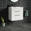 Emily 800mm Gloss White Wall Mounted 2 Drawer Vanity Unit, Thin-Edged Basin, Matt Black Handles & Overflow -TAP WAREHOUSE Shop emily white 2draw 600 wall black handles lifestyle