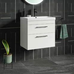 Emily 800mm Gloss White Wall Mounted 2 Drawer Vanity Unit, Thin-Edged Basin, Matt Black Handles & Overflow